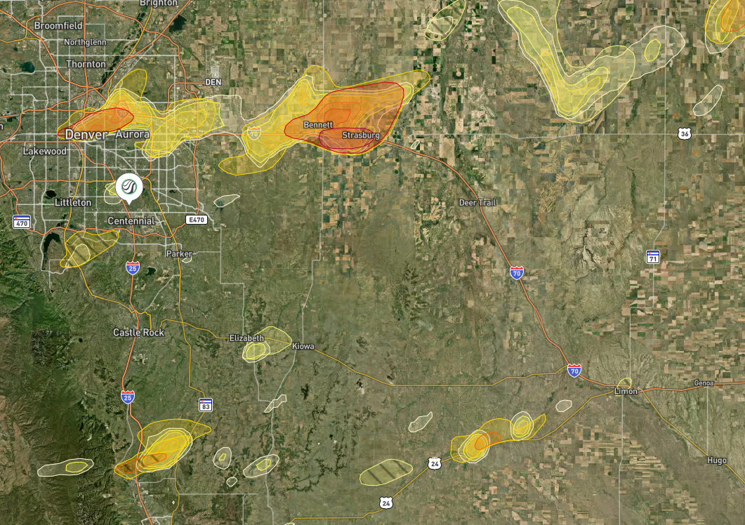 June 1 2026 Denver hail storm swath map affecting Denver Highlands Ranch Sterling Ranch Bennett Watkins and surrounding communities
