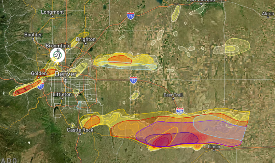 June 8 2026 Colorado hail storm swath map affecting Golden Arvada Evergreen Kiowa Elizabeth and surrounding communities