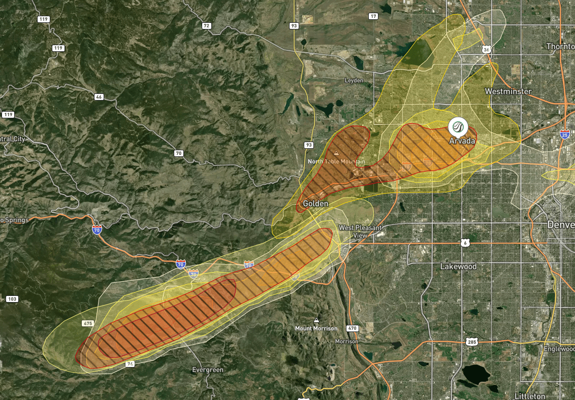 June 8 2026 Evergreen Colorado hail storm swath map with reported 2 inch hail